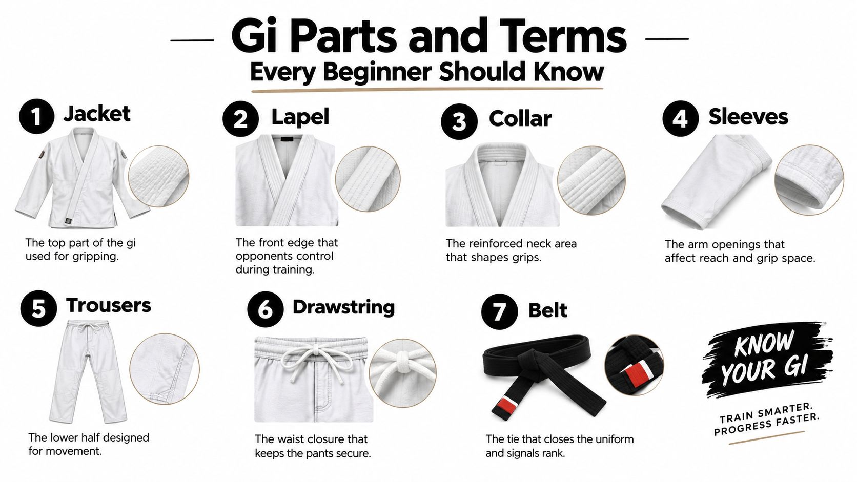 A guide illustrating the seven essential parts of a jiu jitsu gi for beginners, including labels and descriptions.