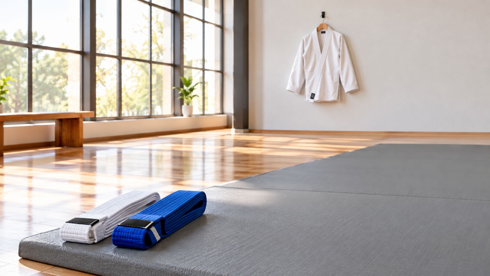 A clean martial arts studio floor with a folded white belt, blue belt, and a white gi hanging.