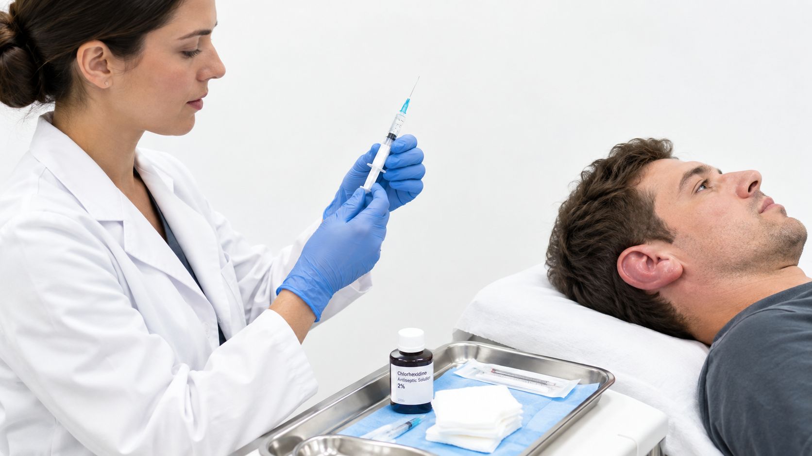 A doctor preparing a syringe to treat a patient's cauliflower ear in a medical office setting.