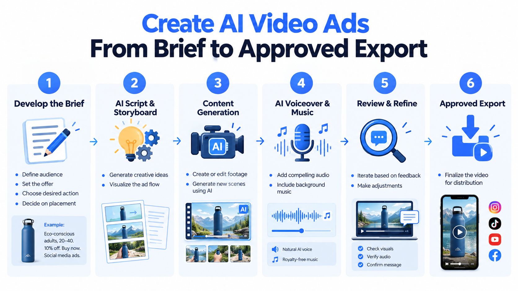 A six-step infographic illustrating the professional process of creating effective AI-generated video advertisements from start to finish.