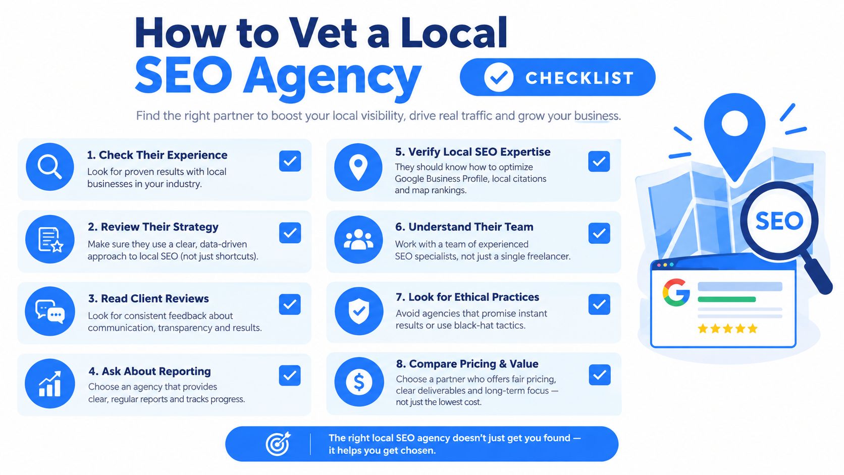 A checklist infographic titled How to Vet a Local SEO Agency for businesses seeking marketing services.