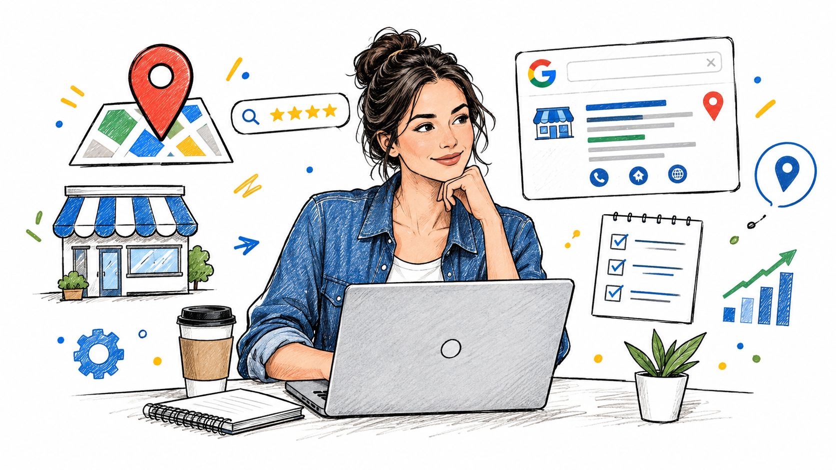 A woman working on a laptop surrounded by illustrations related to local business digital marketing strategies.