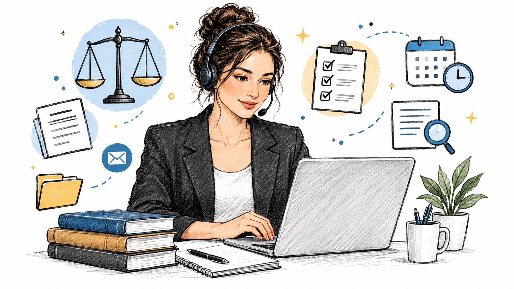 A professional virtual legal assistant wearing a headset, working on a laptop surrounded by law-related icons.