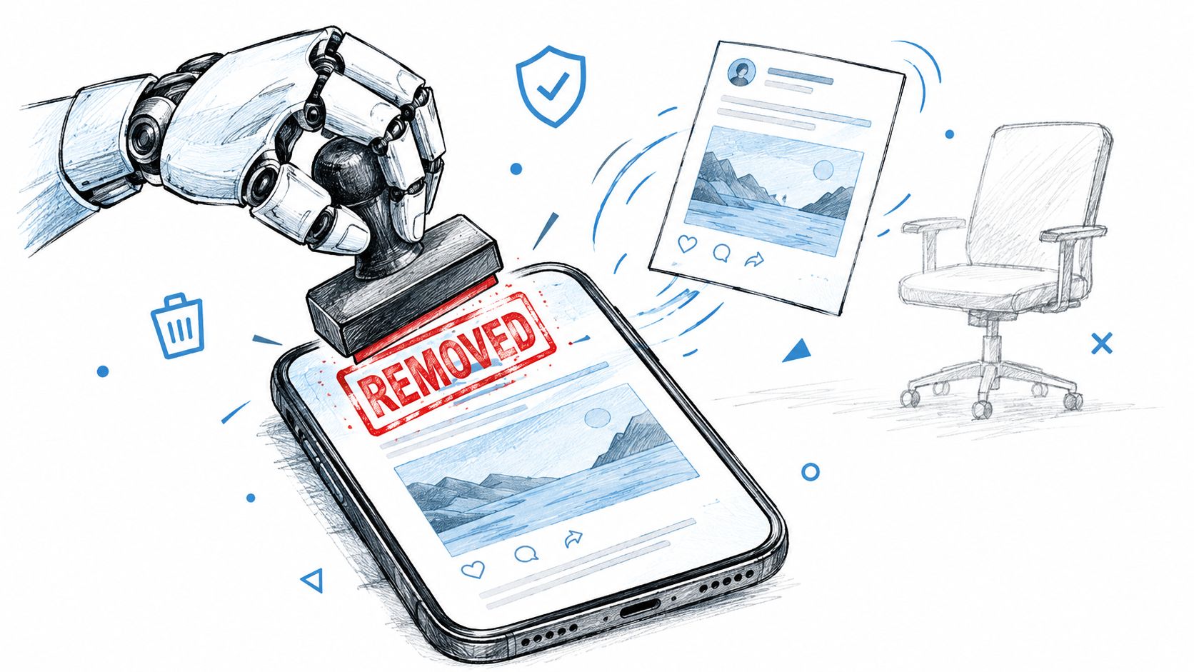 A robotic hand using a stamp to remove social media content displayed on a smartphone screen.