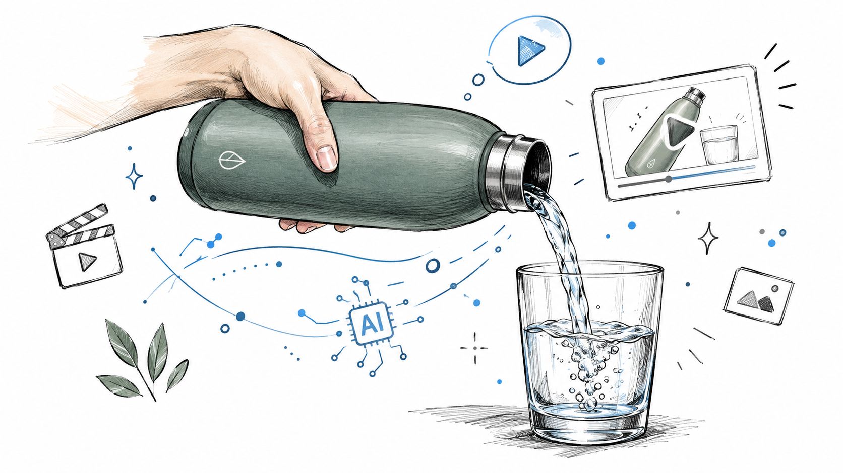 A hand pouring water from a reusable bottle into a glass, surrounded by AI and media icons.