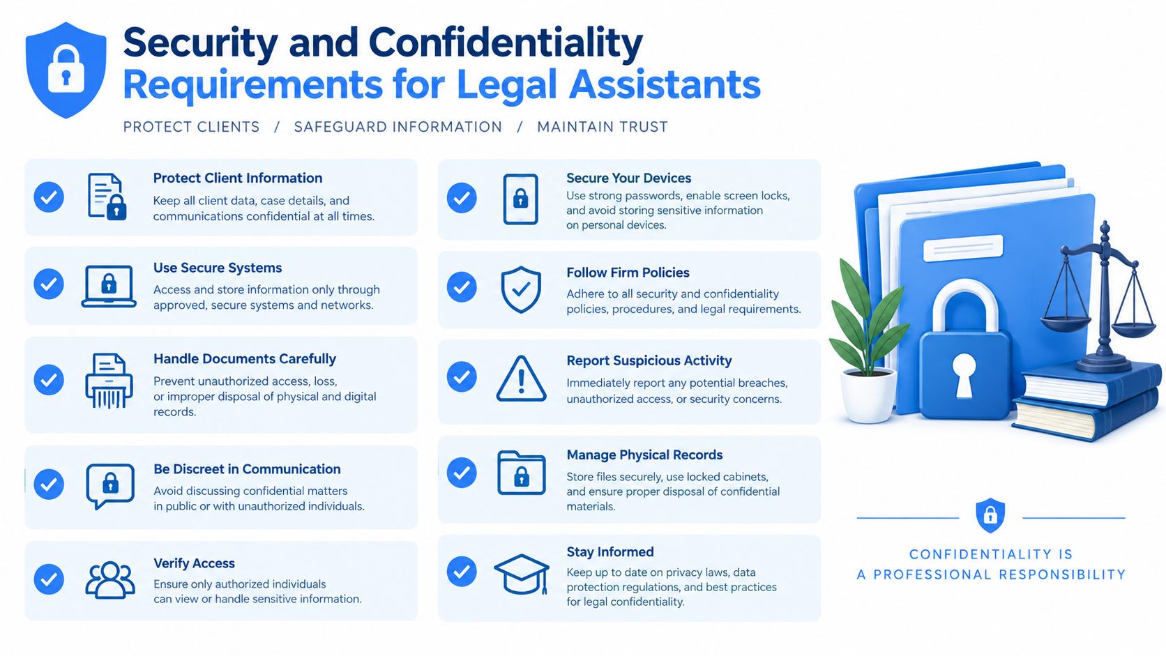 An infographic detailing essential security and confidentiality practices for legal assistants to protect sensitive client information.