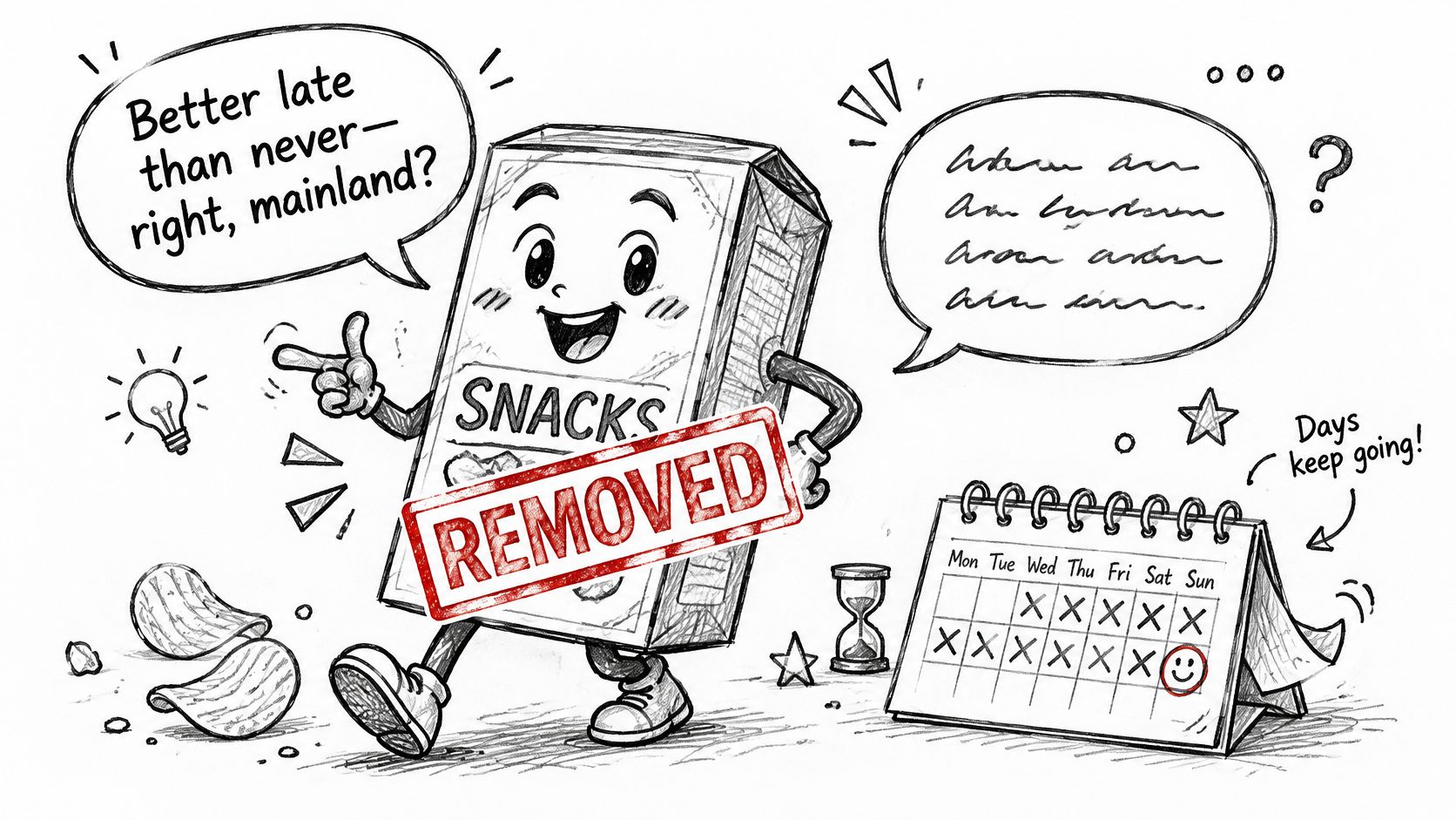 A cartoon snack box character with a removed stamp pointing at a calendar marked with X symbols.