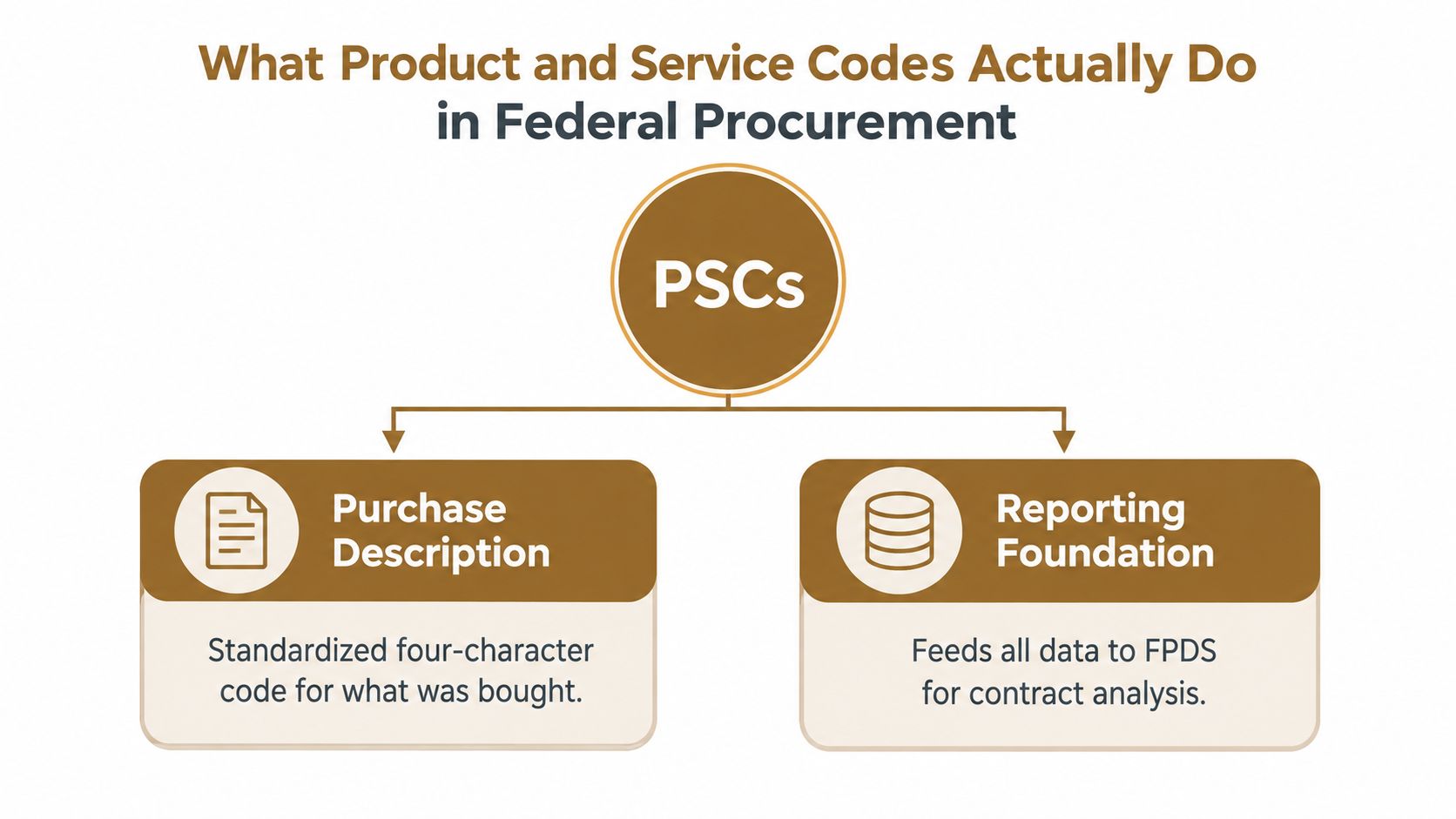 A diagram explaining that federal Product and Service Codes (PSCs) provide standardized purchase descriptions and serve as the reporting foundation for contract analysis.