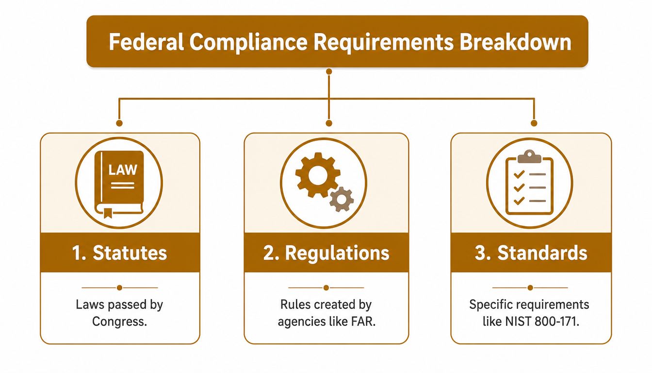 A diagram illustrating the three types of federal compliance requirements: statutes, regulations, and standards.
