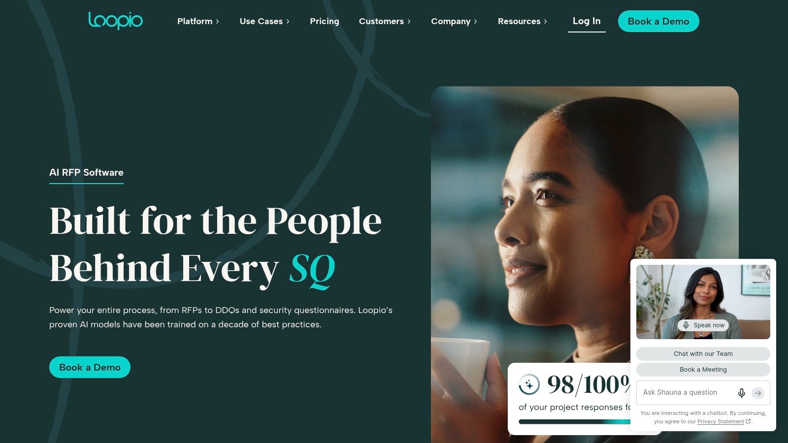 Loopio website homepage showing its RFP response management platform