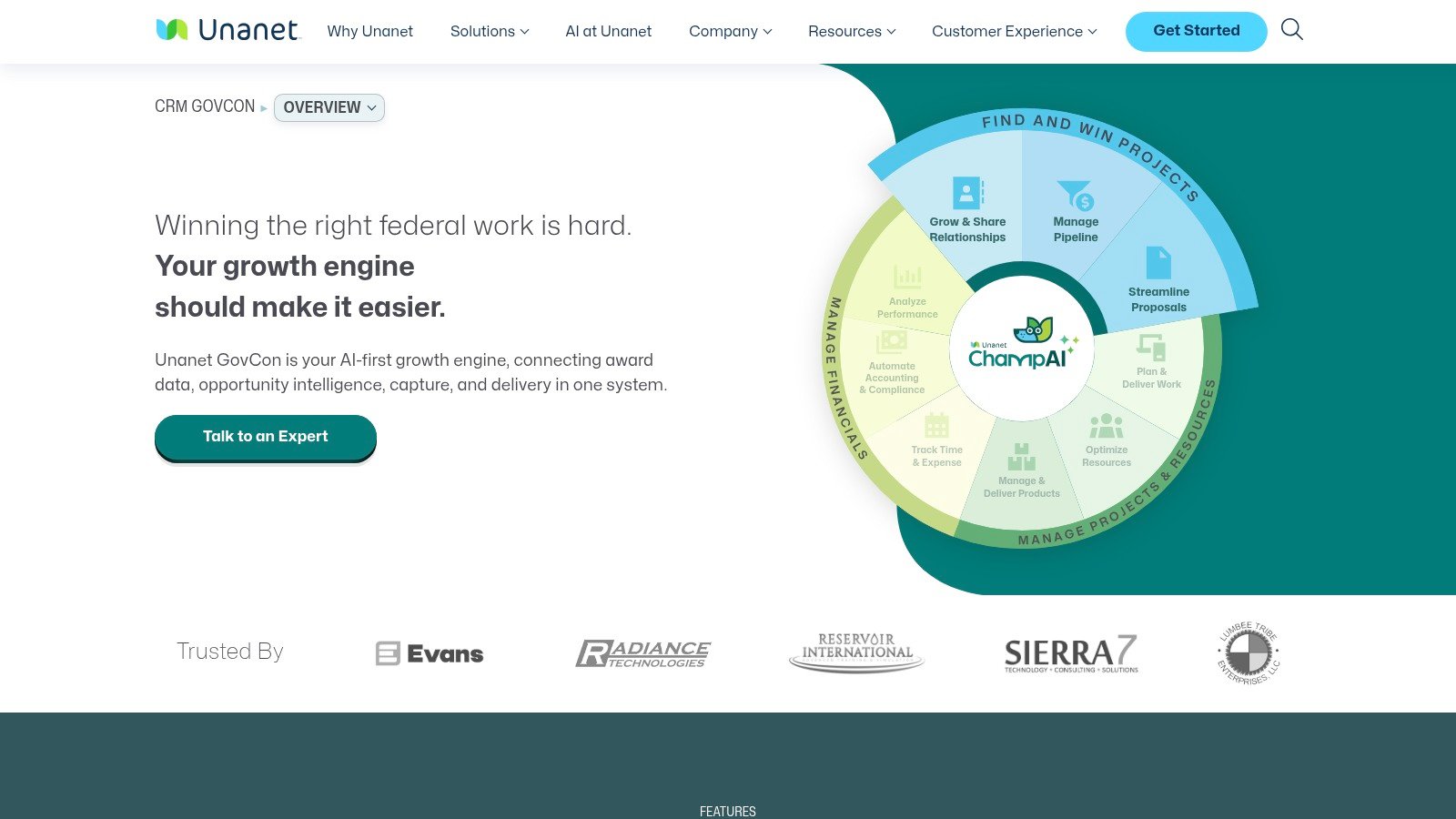 Unanet CRM for GovCon page screenshot