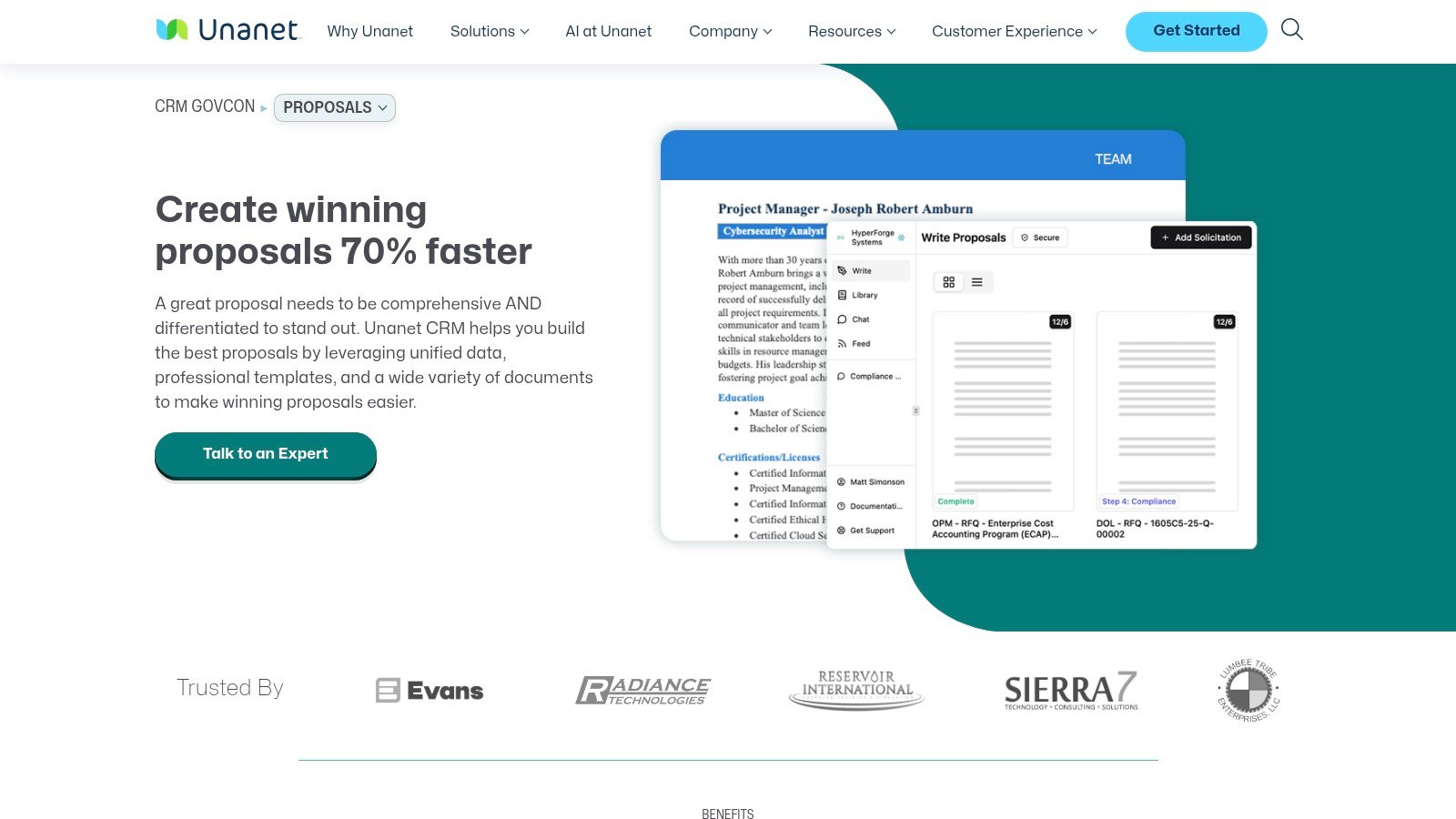 Unanet CRM for GovCon proposals page screenshot