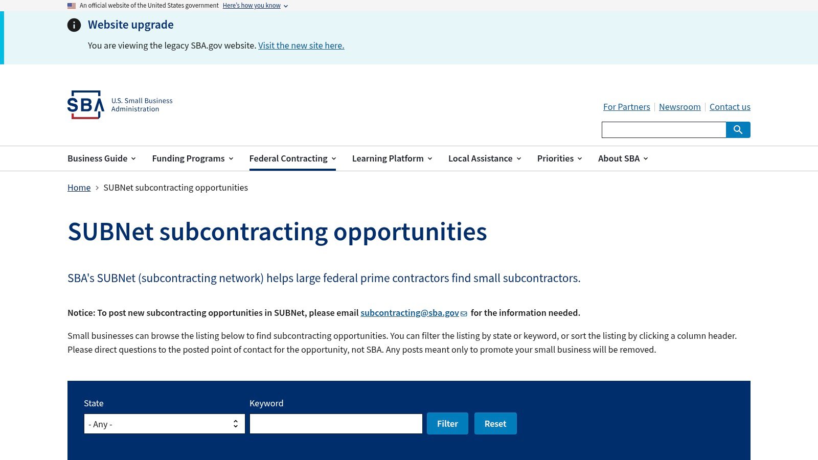SBA SubNet homepage screenshot