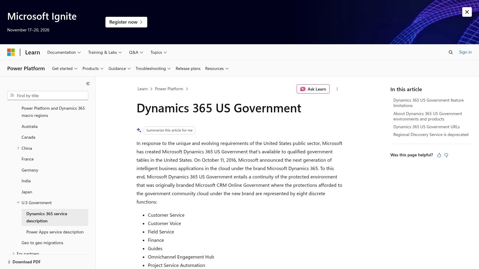 Microsoft Dynamics 365 Government documentation screenshot