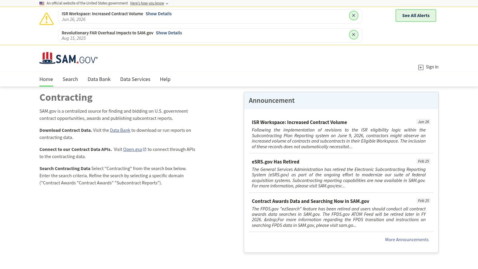 SAM.gov contracting page screenshot