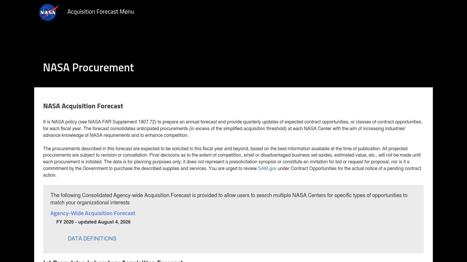 NASA Acquisition Forecast website screenshot