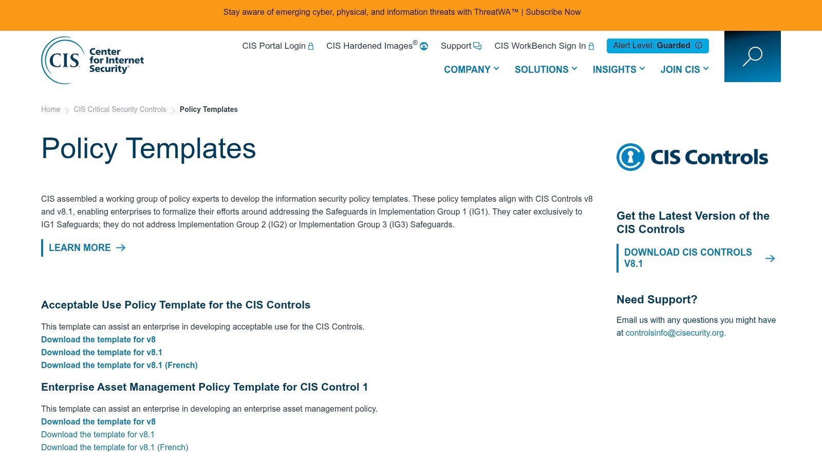 CIS policy templates page