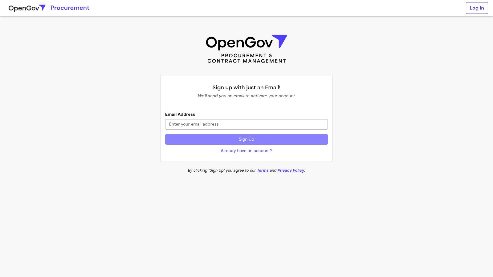 OpenGov supplier signup page