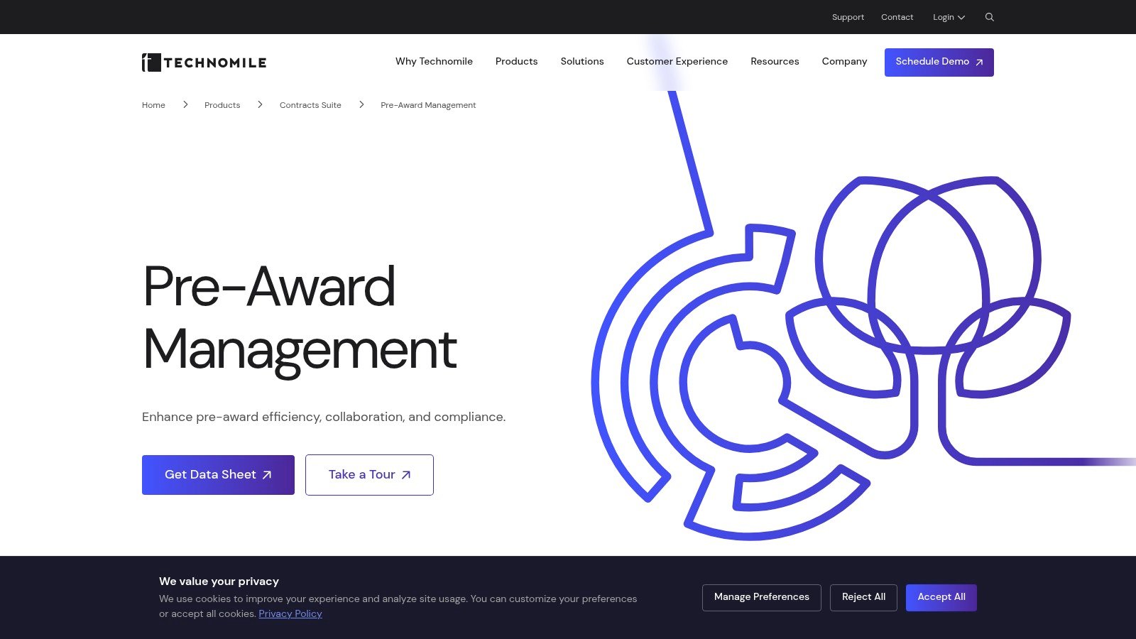TechnoMile Pre-Award Management website screenshot