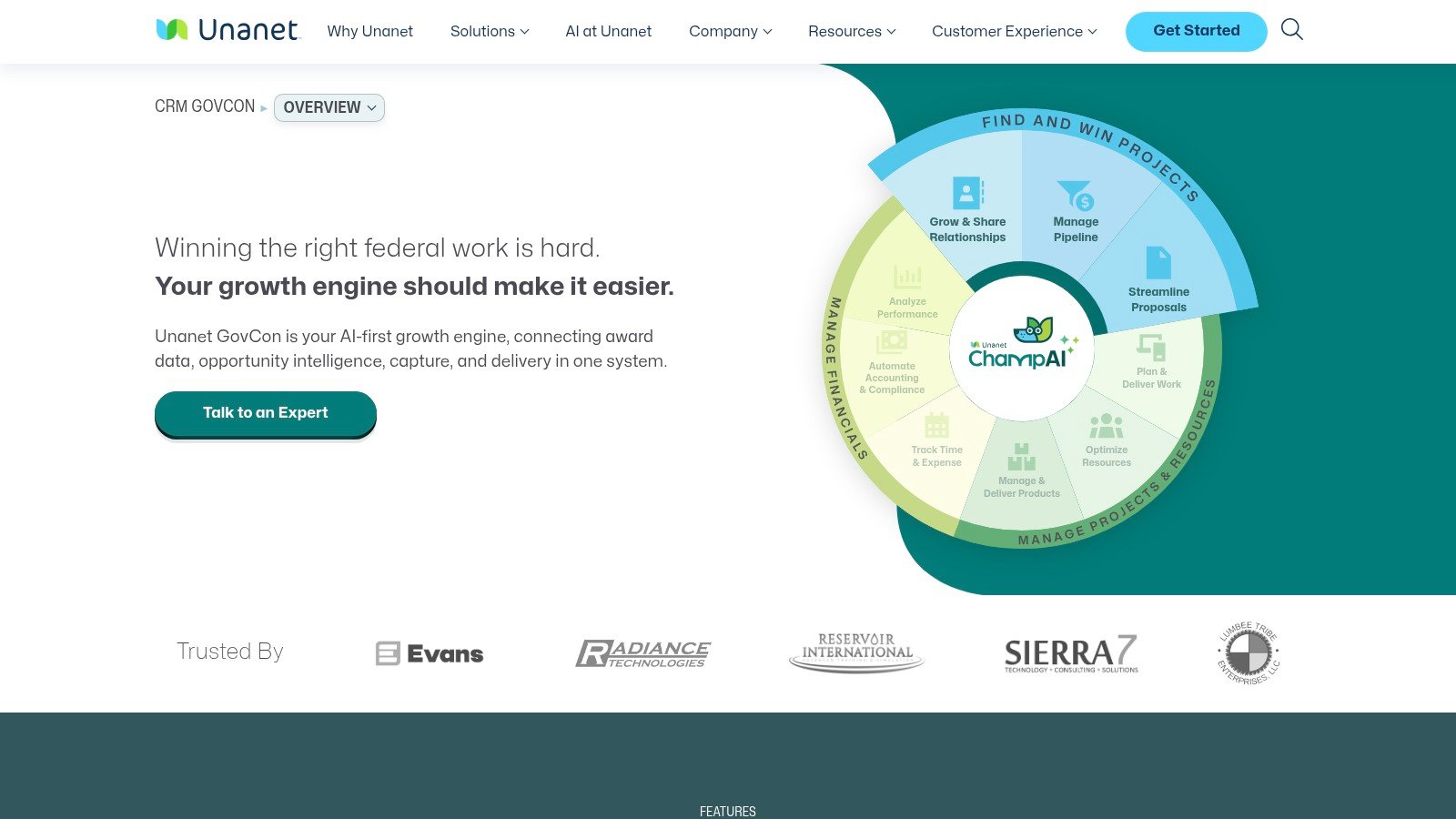 Unanet CRM for GovCon website screenshot