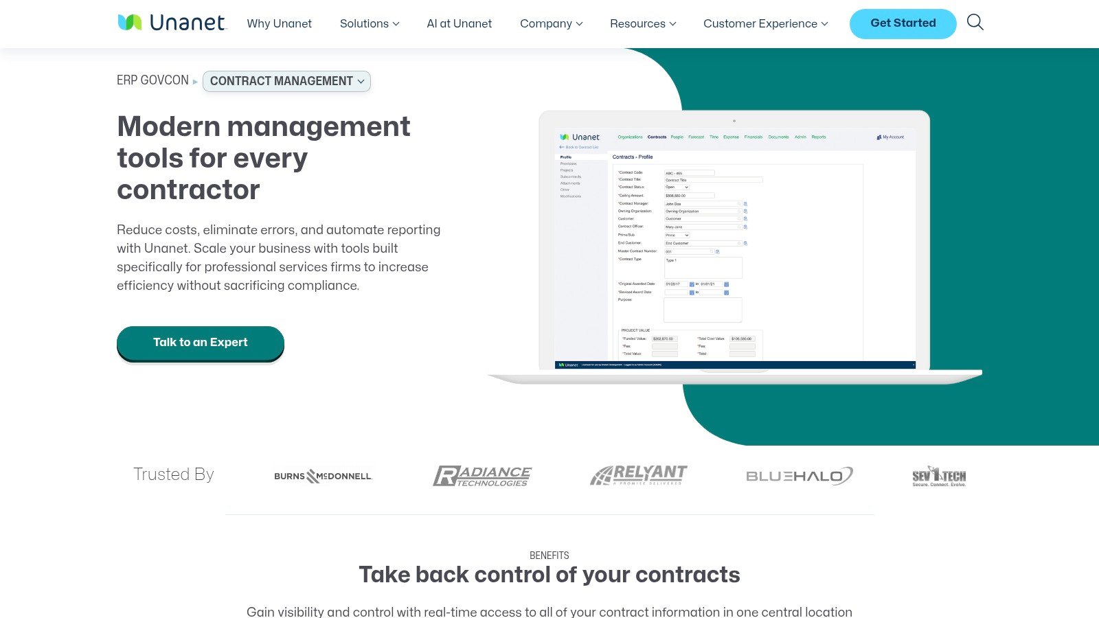 Unanet GovCon ERP contract management page
