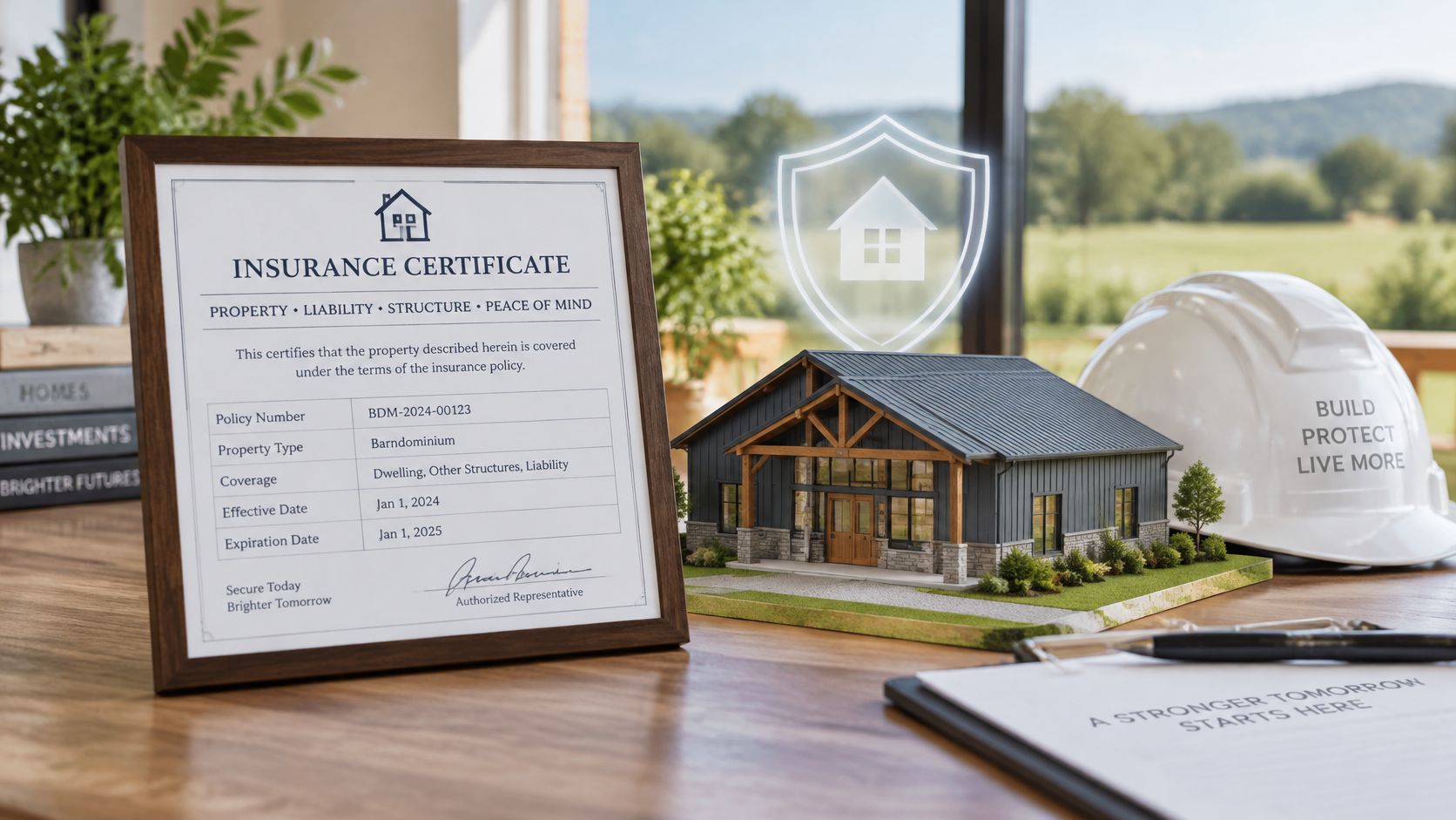 An insurance certificate document and a house model sit on a wooden desk with a hard hat.