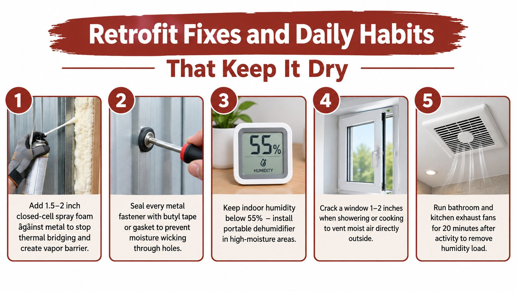 A five-step infographic showing retrofit fixes and daily habits for preventing indoor condensation and moisture buildup.