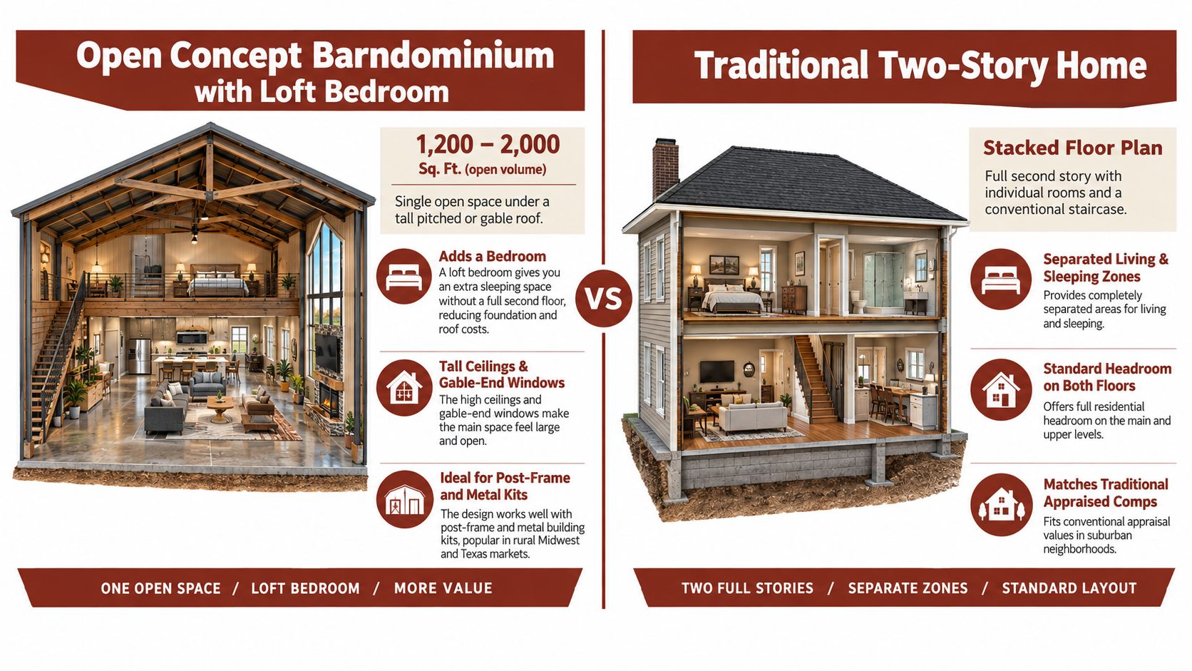 A comparison graphic between an open concept barndominium with a loft and a traditional two-story home.