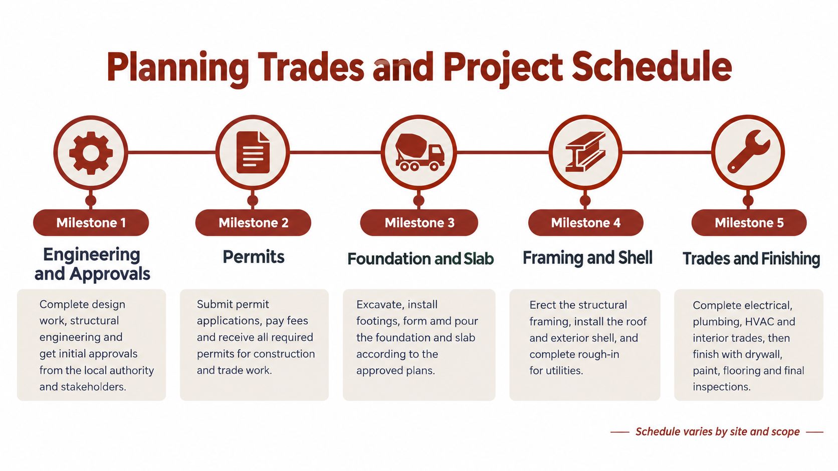 A project timeline showing five milestones for building construction, from engineering approvals to final finishing trades.