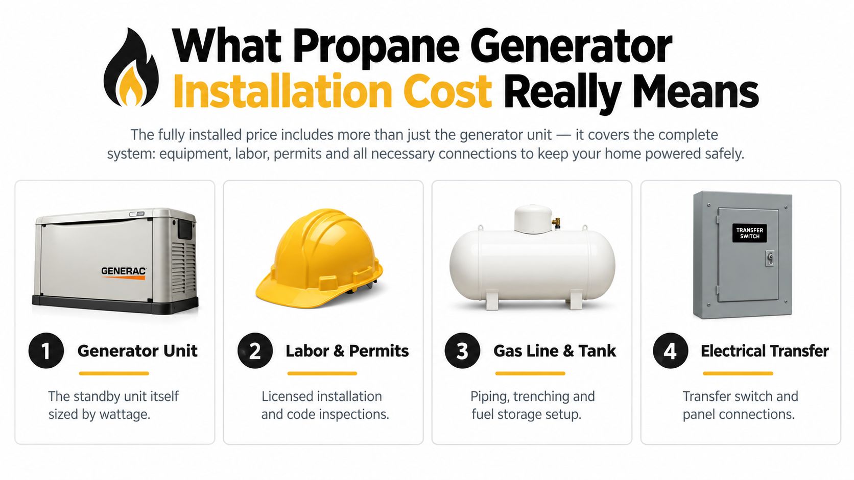 An infographic detailing the four key components that make up the total cost of installing a propane generator.