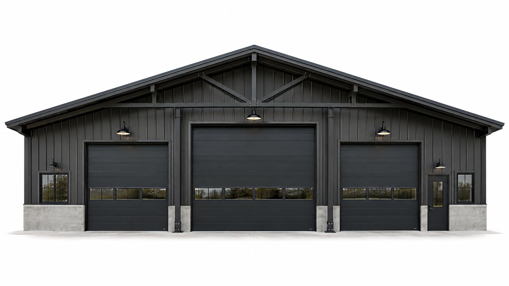 A modern black metal barndominium building exterior featuring three large garage doors and concrete foundation base.