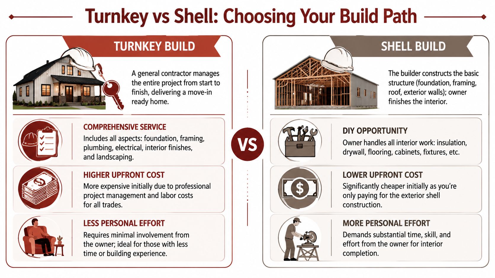 An infographic comparing the differences between turnkey builds and shell builds for residential home construction.
