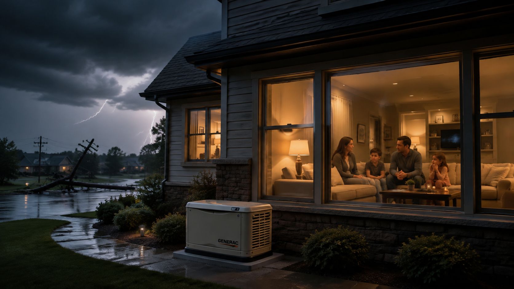 A family sits in a brightly lit living room while a powerful storm causes power outages outside.