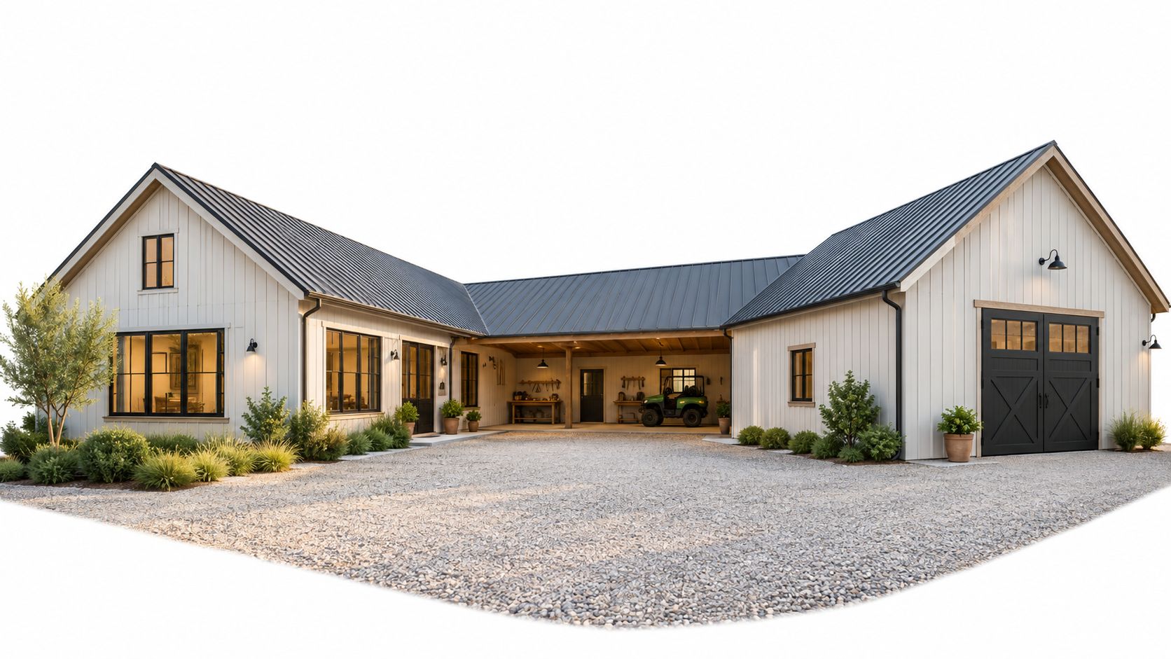 A modern farmhouse with white board and batten siding, a dark metal roof, and an attached open workshop bay.