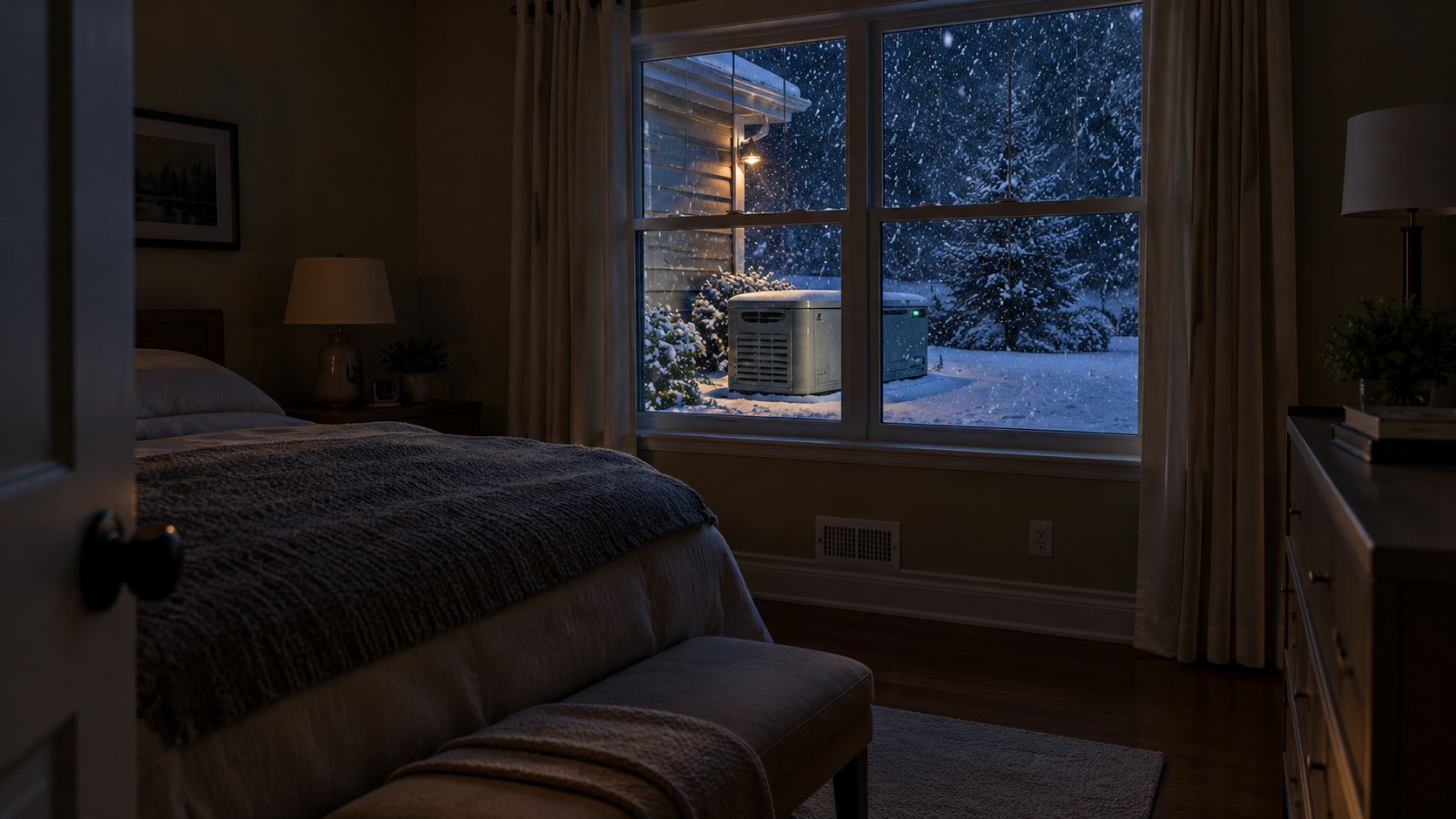 A cozy bedroom with a snowy night view of a whole house generator outside the window.