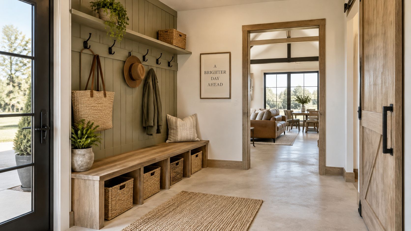 A bright entryway with a wooden bench, storage baskets, a green wall feature, and a sliding door.