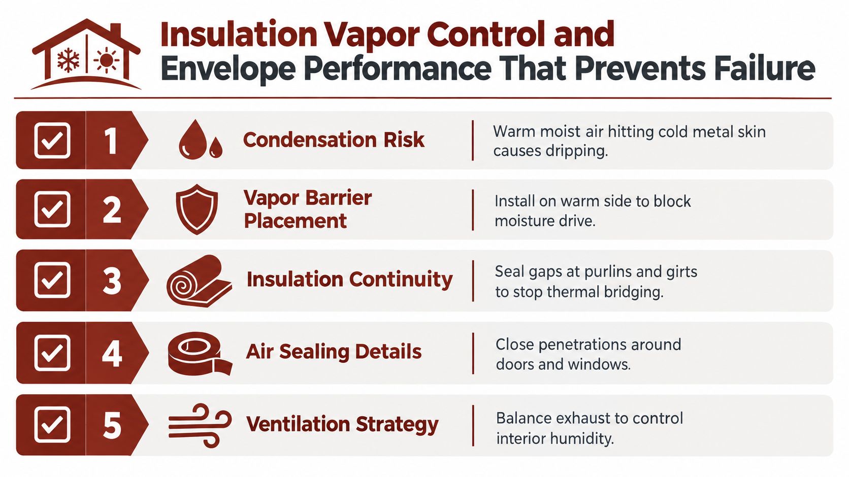 An infographic showing five key steps for insulation and vapor control in a building envelope.