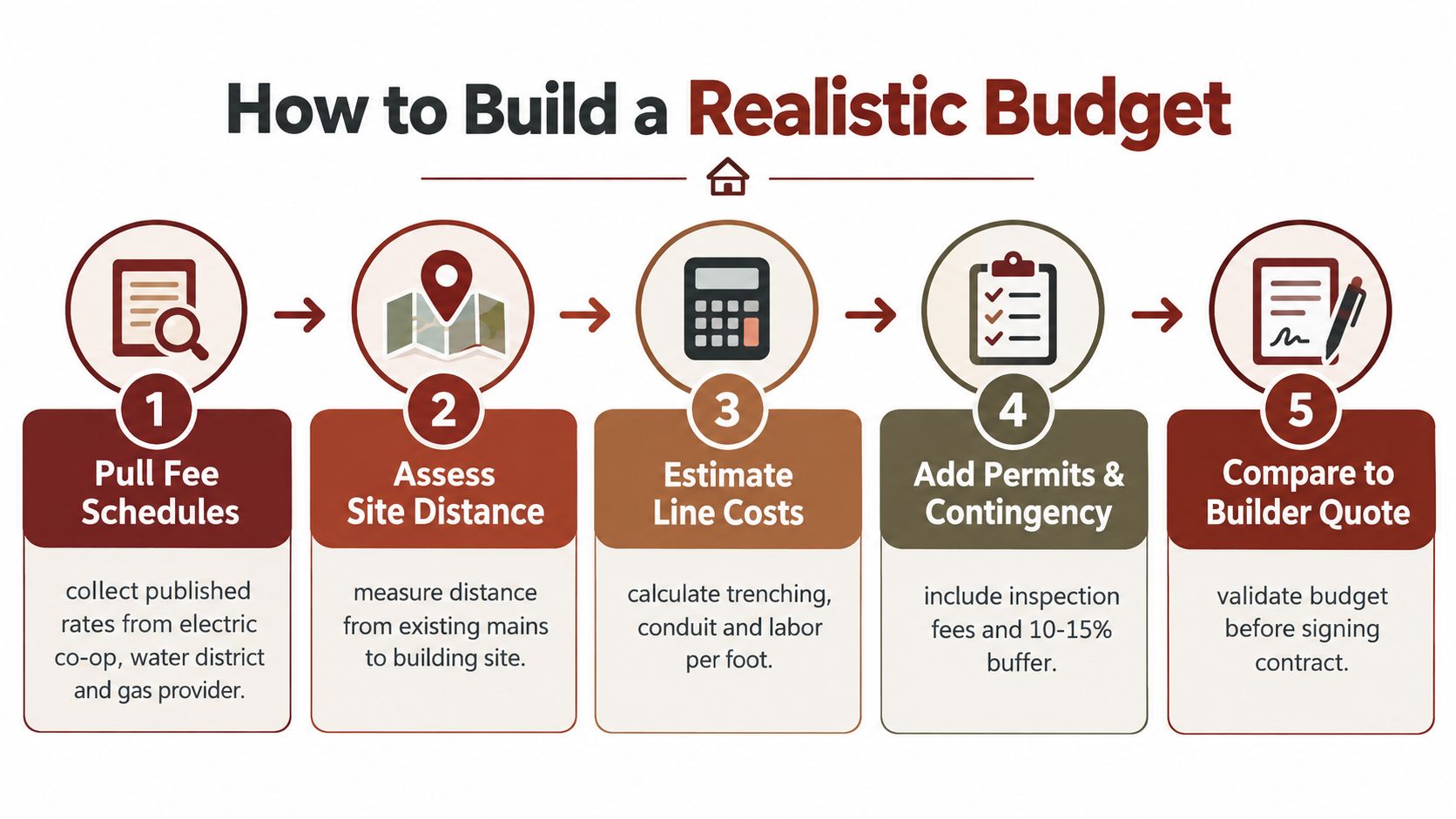 A five-step infographic showing how to build a realistic utility connection cost budget for new construction projects.