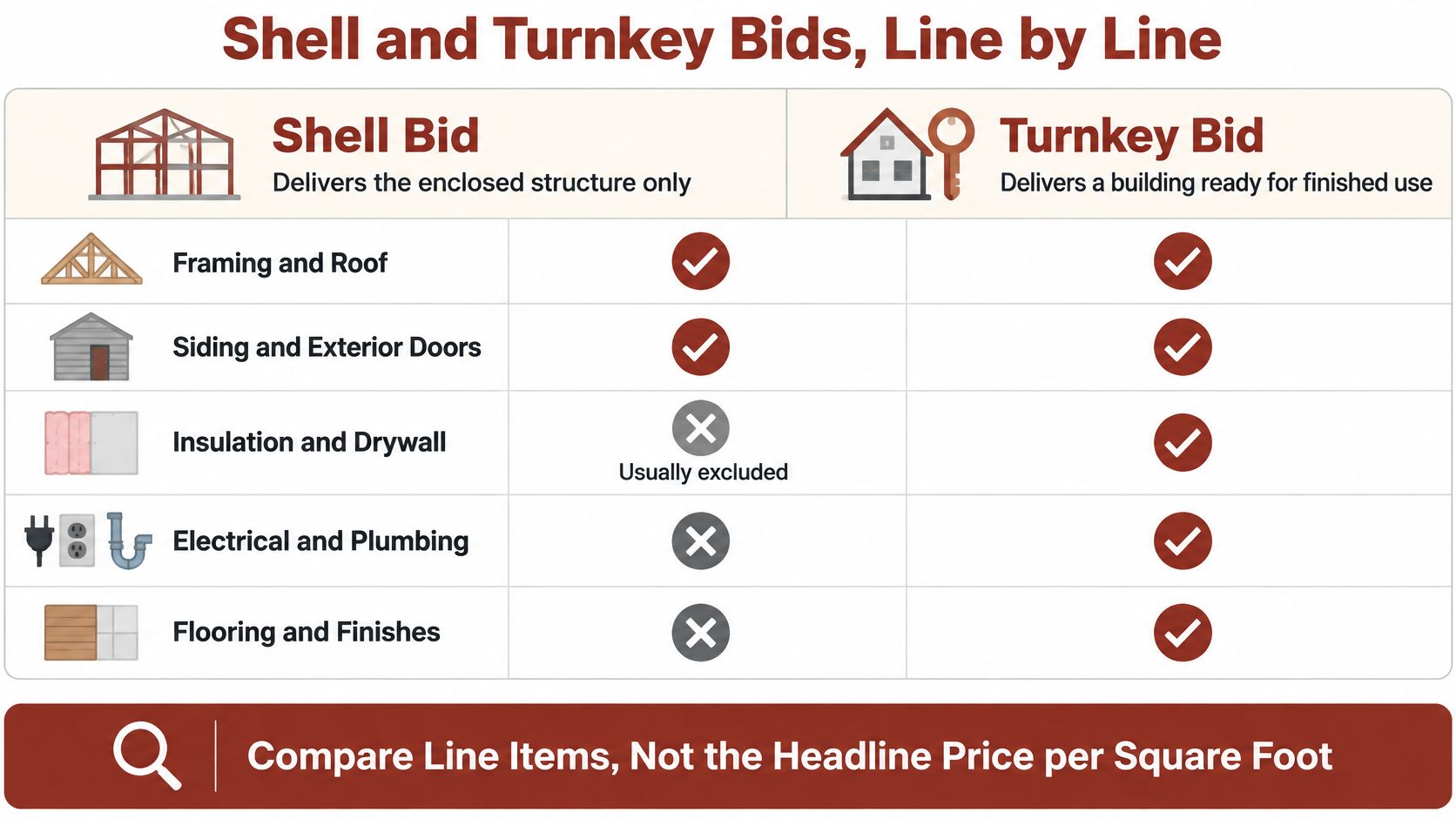 A comparison chart showing the differences between a shell bid and a turnkey bid for construction projects.