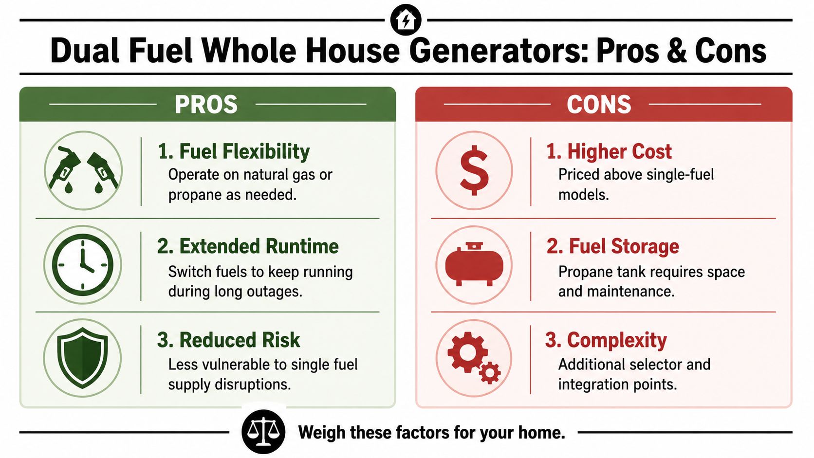 A comparison infographic listing the pros and cons of using dual fuel whole house generators for power.