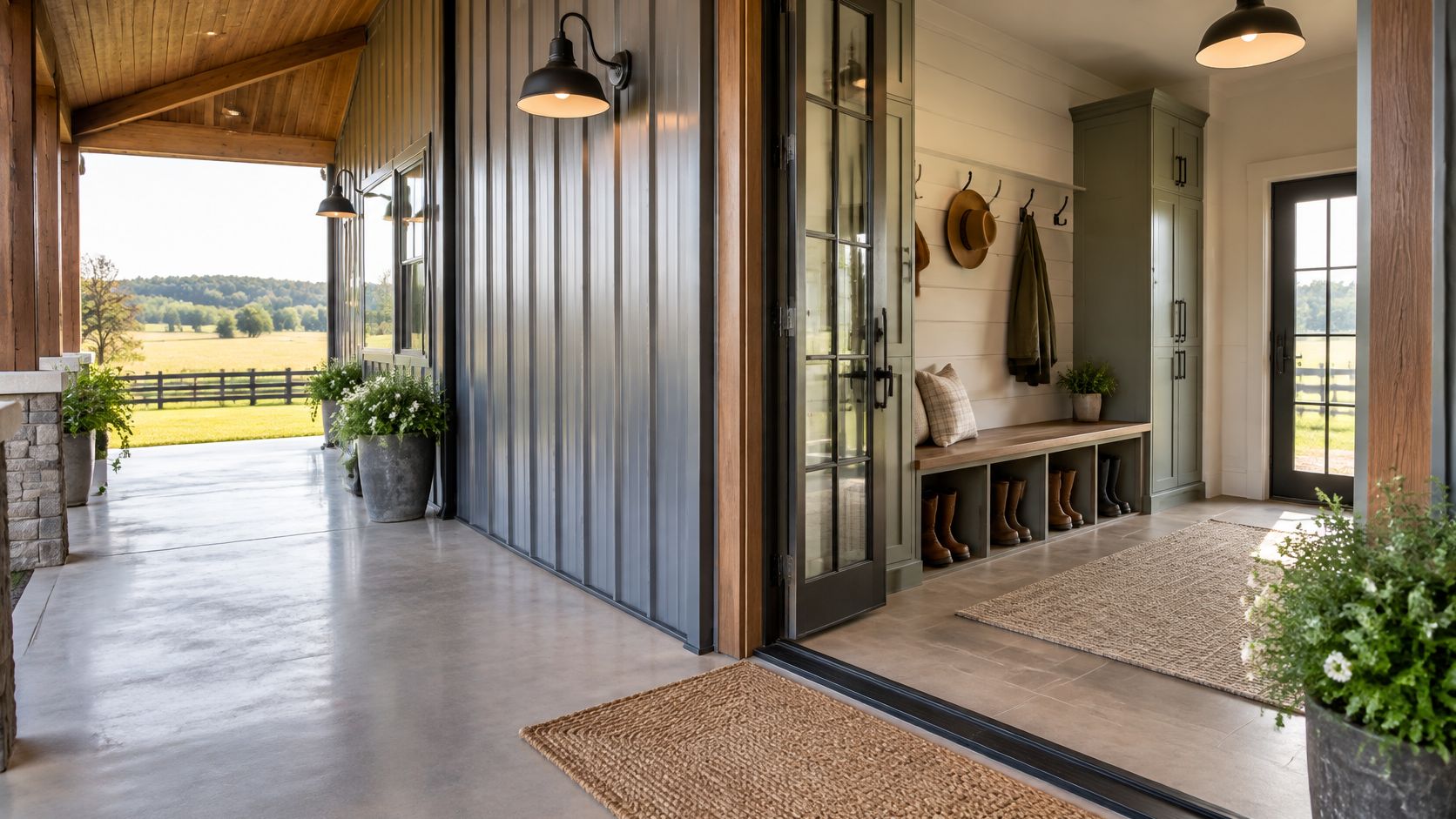 A scenic view of a modern farmhouse breezeway connecting an outdoor porch to an indoor mudroom entrance.