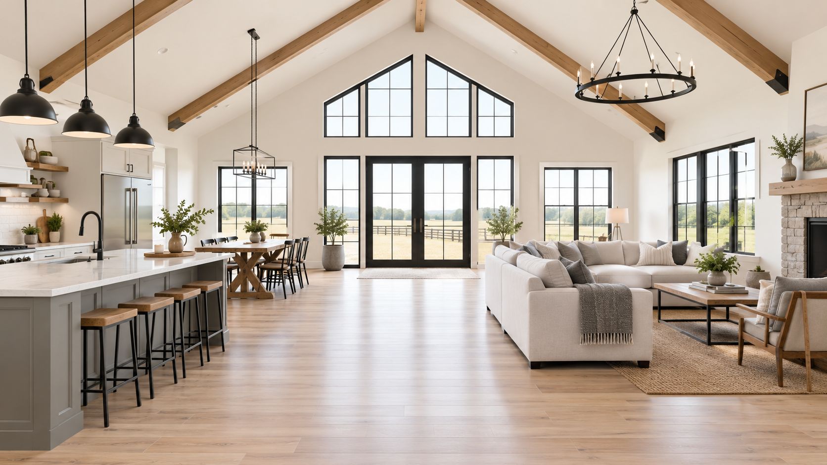 A spacious, modern open-concept barndominium featuring high vaulted ceilings with wooden beams, a large kitchen island, and airy living room.
