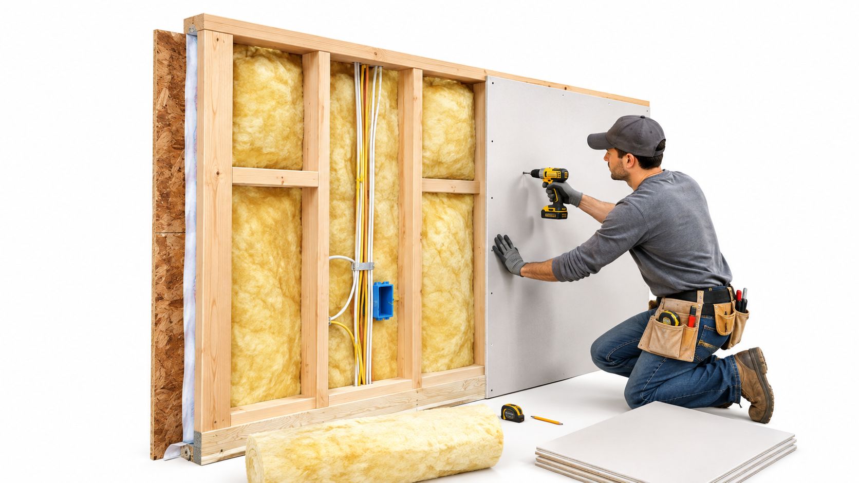 A construction worker installing drywall onto a wooden wall frame with insulation and wiring visible.