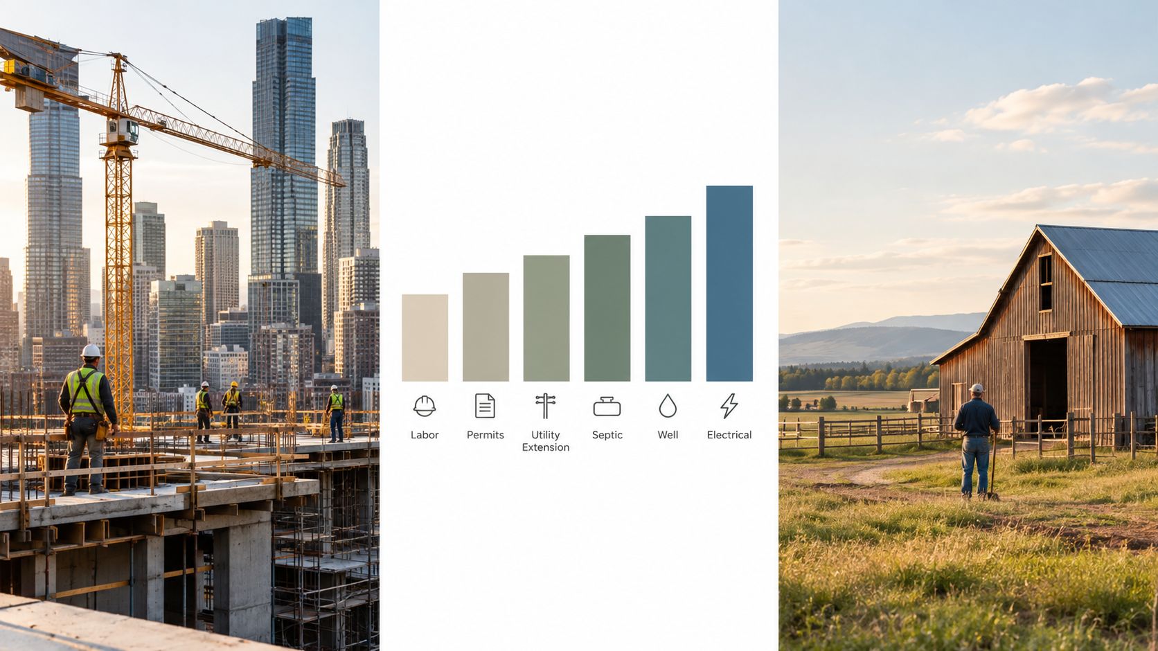 A split image showing city construction work next to a rural barn with a cost breakdown bar chart.