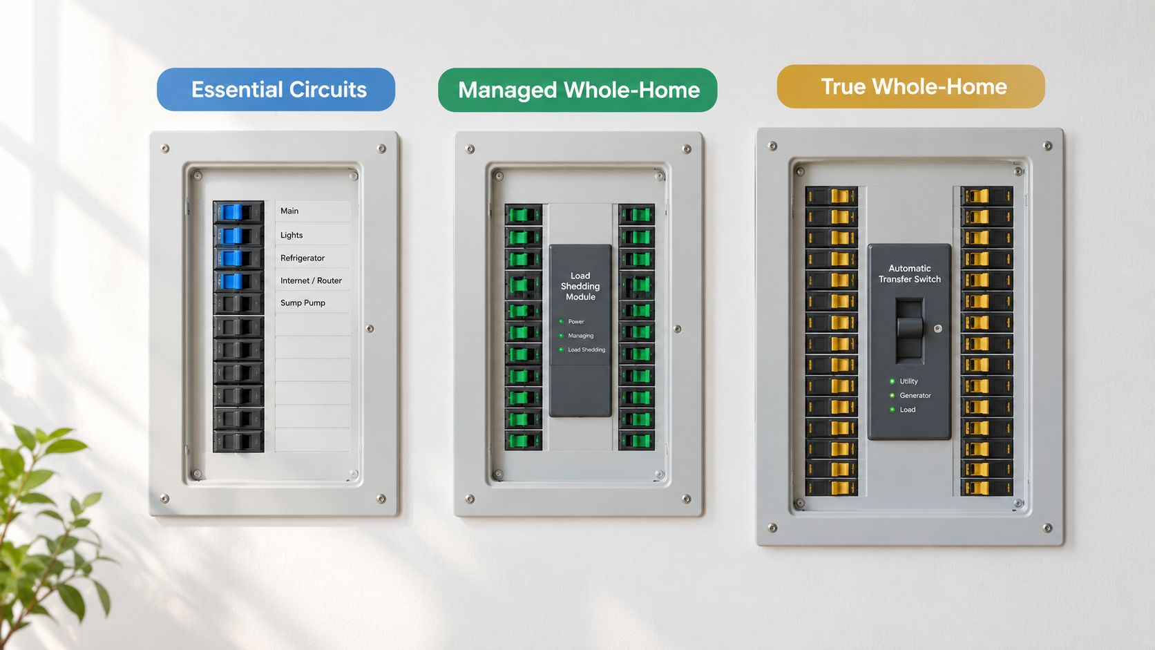 Three electrical panels showing Essential Circuits, Managed Whole-Home, and True Whole-Home configurations for generator backup systems.