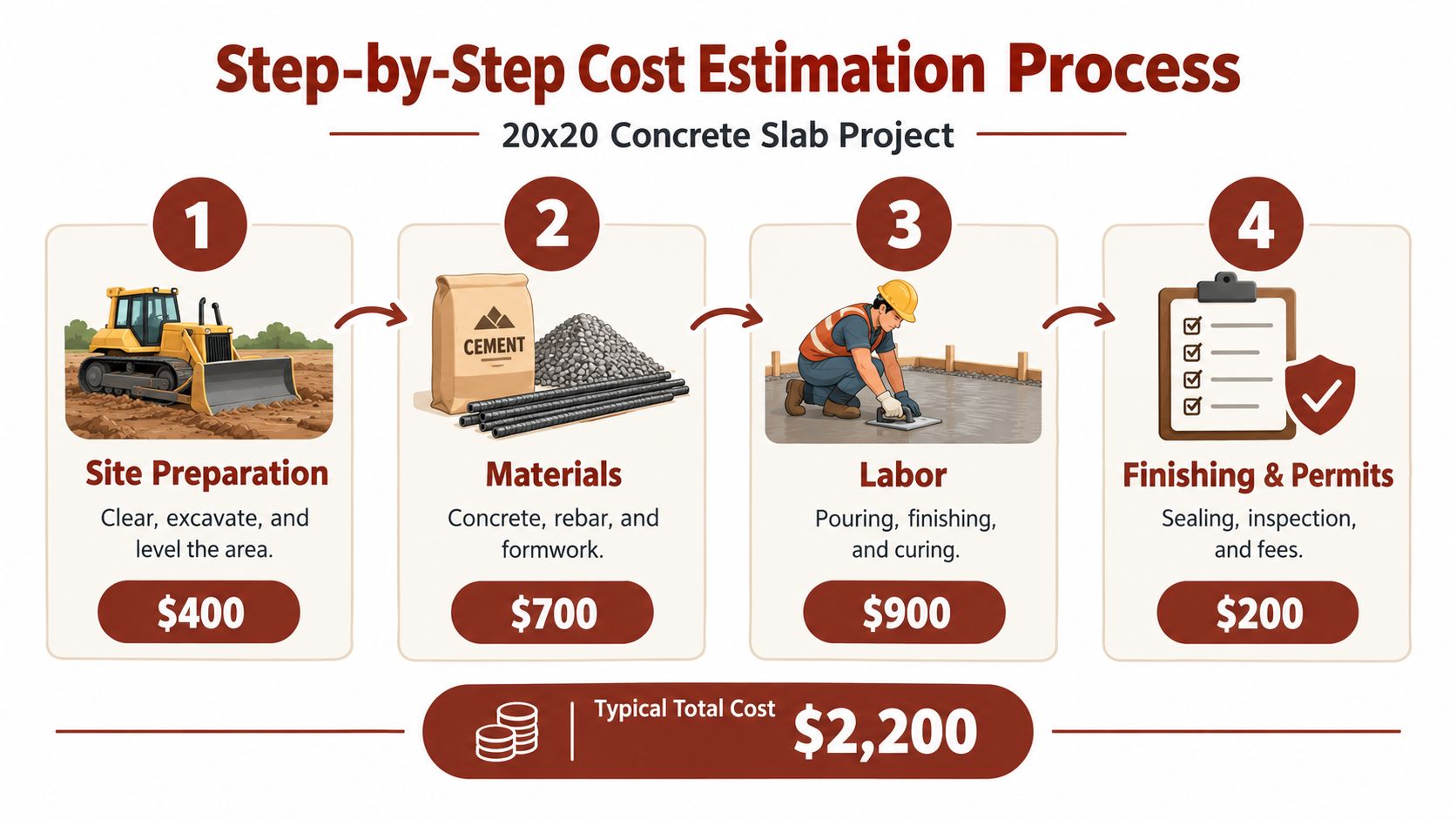 A step-by-step cost breakdown infographic for a 20x20 concrete slab project including preparation, materials, labor, and permits.