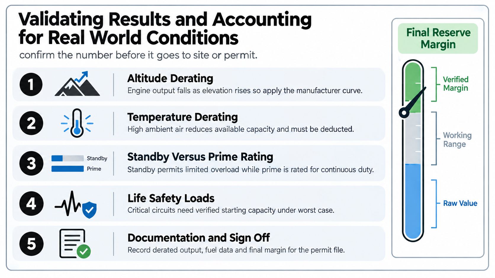 An infographic showing five key steps for validating generator power results and accounting for real-world conditions.