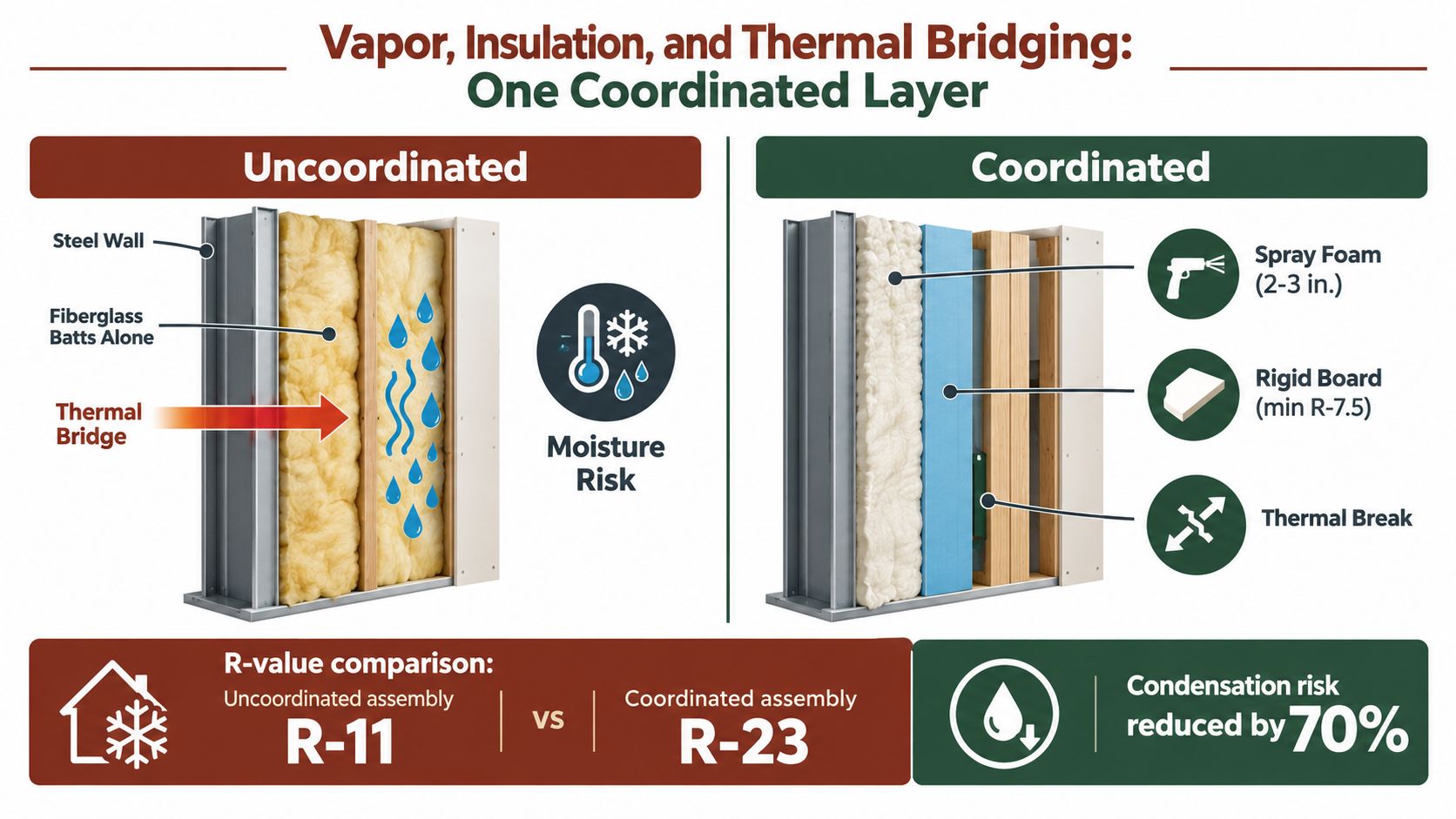A diagram comparing uncoordinated and coordinated wall insulation assemblies to reduce thermal bridging and condensation risks in buildings.