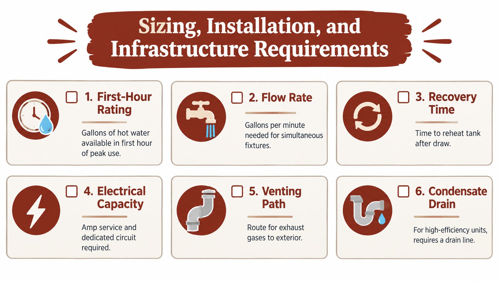 An infographic showing six key requirements for sizing and installing residential water heating systems.