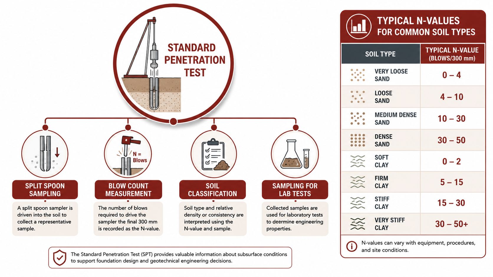 An infographic showing the process of a Standard Penetration Test and a chart of typical soil N-values.